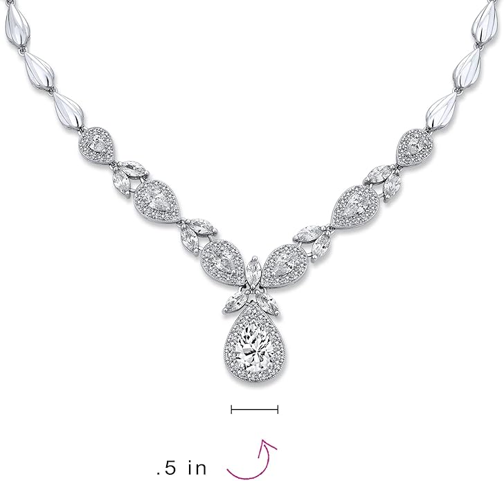 Bridal Jewelry Set Art Deco Vintage Estate Style Cubic Zirconia Marquise Leaf Teardrop AAA CZ Statement Cleavage Choker Necklace & Chandelier Dangle Clip On Or Pierced Earrings For Women Pageant