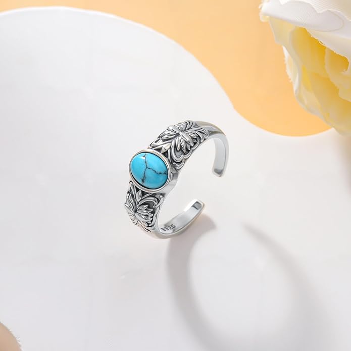 925 Sterling Silver Turquoise Adjustable Ring for Women, Vintage Bohemian Style Ring Jewelry Gifts for Mom Wife