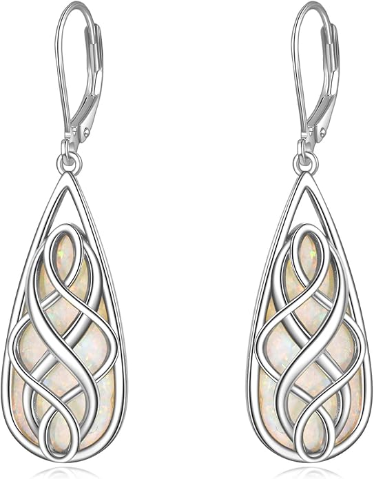 VONALA White Opal Celtic Knot Dangle Drop Earrings for Women 925 Sterling Silver Boho Chic Jewelry Gift for Women