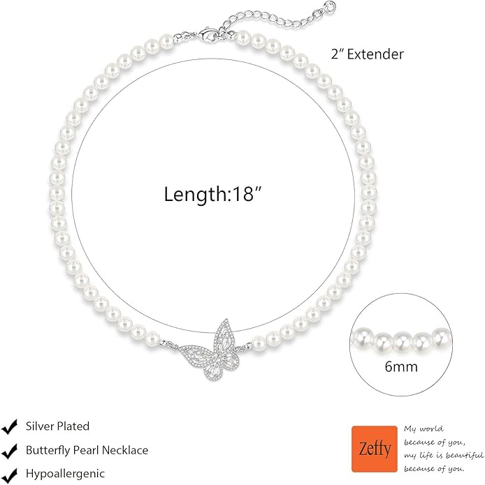Zeffy Pearl Necklace 4MM/6MM/8MM Dainty Round Imitation Pearl Choker Necklace Wedding Pearl Necklace Delicate Jewelry for Women Simple Bridesmaid Jewelry Gifts