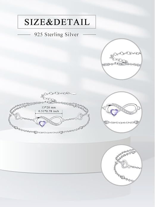 Dorunmo Infinity Heart Anklet Bracelet for Women 925 Sterling Silver Adjustable Infinity Birthstone Bracelet Friendship Jewelry Gifts for Women Birthday Christmas