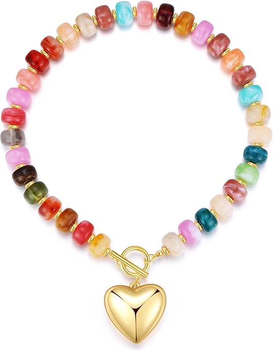 GZQ Chunky Gold Heart Necklace for Women, Acrylic Beaded Chain with Puff Heart Adjustable Clasp, Perfect for Daily Wear Party Date Streetwear Outfits Fashion Jewelry Gift