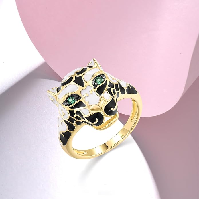 Santuzza Panther Ring 925 Sterling Silver Leopard Rings Cubic Zirconia Green Spinel Jaguar Jewelry