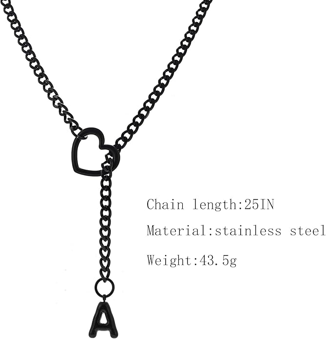 Black Heart Slip Chain Initial Necklaces for Women,Stainless Steel O-Ring Adjustable Lariat Heart Y-Necklace,Punk Gothic Cuban Collar Choker Necklace for women