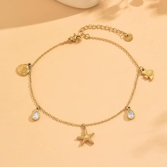 Anklets for Women Dainty CZ Ankle Bracelet 18K Gold Plated Waterproof Boho Dot Star Moon Daisy Ocean Beaded Anklet Trendy Foot Jewelry