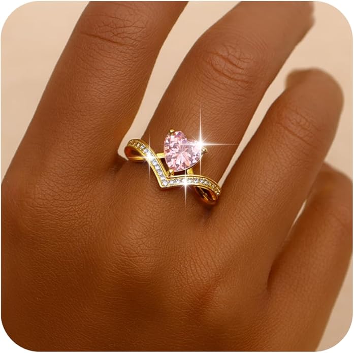 Jean Beau Gold Heart Adjustable Rings for Women, Trendy Elegant Sparkly Cubic Zirconia Ring Wedding Prom Valentine Fashion Accessories Jewelry Gift