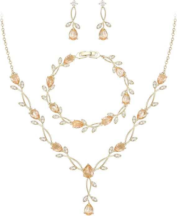 EVER FAITH Bridal Cubic Zirconia Jewelry Sets for Women, White Simulated Pearl Leaf Vine Pendant Wedding Party Necklace Earrings Set for Bridesmaid Bride