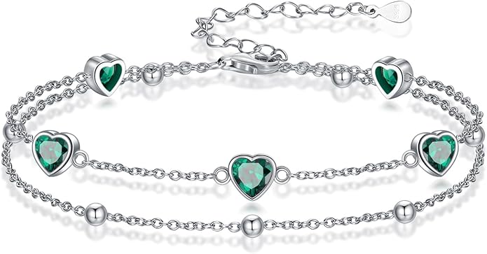 Birthstone Anklet/Bracelets for Women 925 Sterling Silver Charm Link Double Strand Heart Birthstone Jewelry Gift for Wife Women Mother's Day Gift