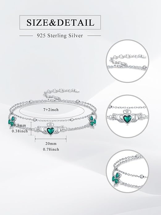 Infinity Love Heart/Claddagh Bracelet for Women 925 Sterling Silver Charm Link Bracelet Adjustable Valentine’s Day Jewelry Gift for Her