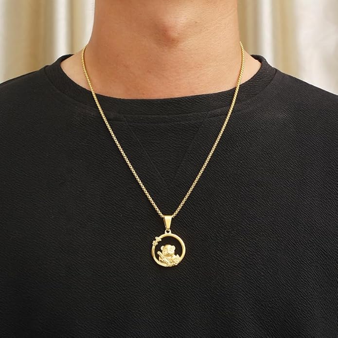 Animal-inspired steampunk-style circular openwork adorable panda stainless steel pendant necklace