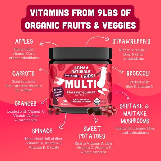 Llama Naturals Kids Multivitamin Gummies, Vegan, Organic with Vitamin D, C & K, Toddler Real Fruit Gummy Vitamins, Chewable Supplement, Whole Food Multivitamin, No Added Sugar Cane, Cherry, 2 Pk