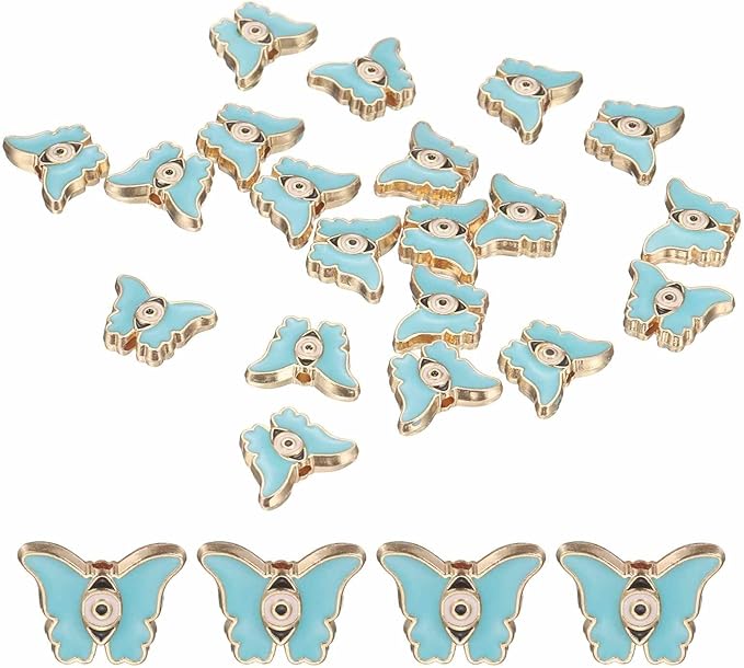 MECCANIXITY 20 Pcs Butterfly Evil Eye Beads Colorful Flat Loose Spacer Evil Eye Charms for DIY Bracelet Earrings Necklace Crafts Jewelry Making, Sky Blue