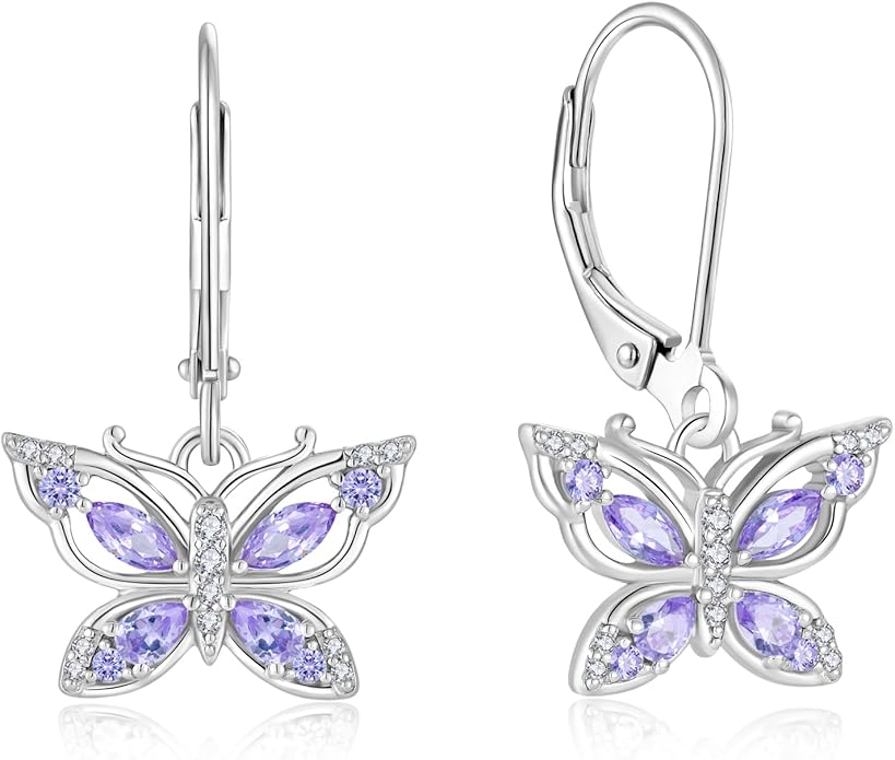 Women's Butterfly Leverback Dangle Earrings 925 Sterling Silver 5A Cubic Zirconia Jewelry for Valentine Mother's Day Birthday Gifts for Her