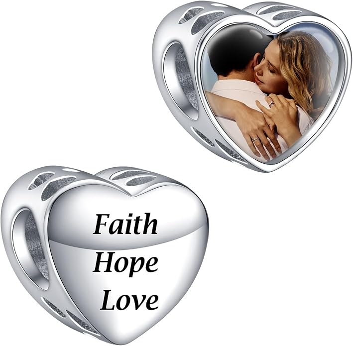 Annmors Personalized Photo Charms For Bracelets/Necklace 925 Sterling Silver Love Heart Shaped Engraved Customize Picture Gift for Birthday Mother's Day,Bead Charms Jewelry for Women