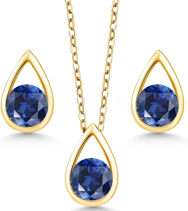 Gem Stone King 18K Yellow Gold Plated Silver 5MM Round Gemstone Birthstone Teardrop Pendant Earrings Set | Jewelry Set for Women | With 18 Inch Chain