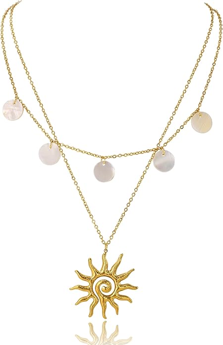 Gold Necklace for Women, Dainty 14K Gold Plated Layered Sun Pendant Necklace Gold Charm Chocker Jewelry Gift for Her
