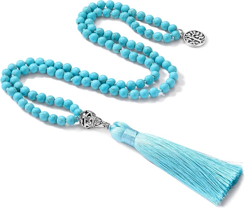 INBLUE 108 Mala Prayer Beads Wrap Necklace with Long Tassel Boho Necklace for Women Amazonite Bead Bracelet with Spiritual Tree of Life Pendant 108 Beads Necklace for Meditation