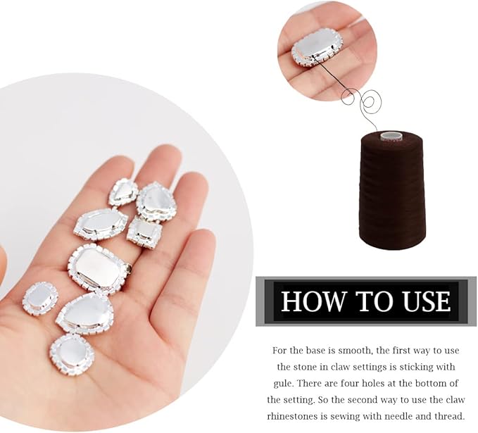 TANOSII Sew on Rhinestones 100 PCS Mixed Shapes Glass Rhinestones Sew on Crystal Gems Mental Flatback with Silver Claw for Jewelry Crafts Clothes Shoes Costume Garment AB White Type 1