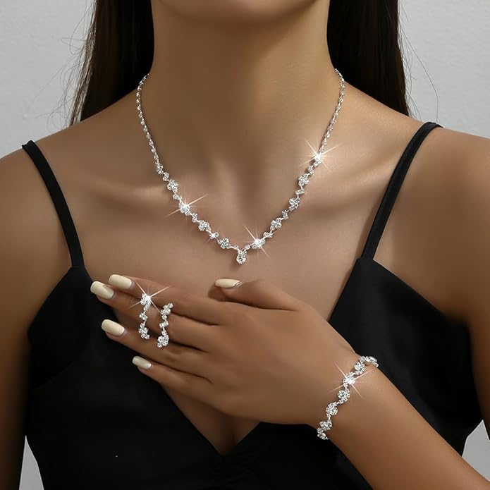 Unicra Bride Crystal Necklace Earrings Set Bridal Wedding Jewelry Sets Rhinestone Choker Necklace Costume Jewelry Set for Women and Brides (3 piece set - 2 earrings and 1 necklace)