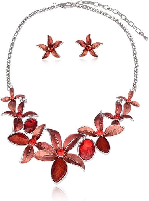 AMYJANE Vintage Statement Jewelry Set - Spring Leaf Flower Floral Plant Necklace Earring Set Crystal Rhinestone Fashion Costume Jewelry for Women Prom Party Unique Gift