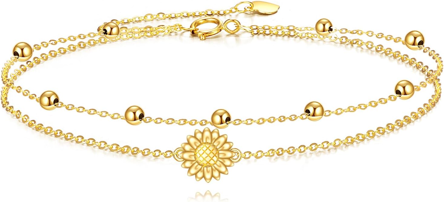 KECHO 14k Yellow Gold Butterfly/Dragonfly/Frog/Sunflower/Daisy/Tree of life/Moon/Clover Bracelet Anklet for Women