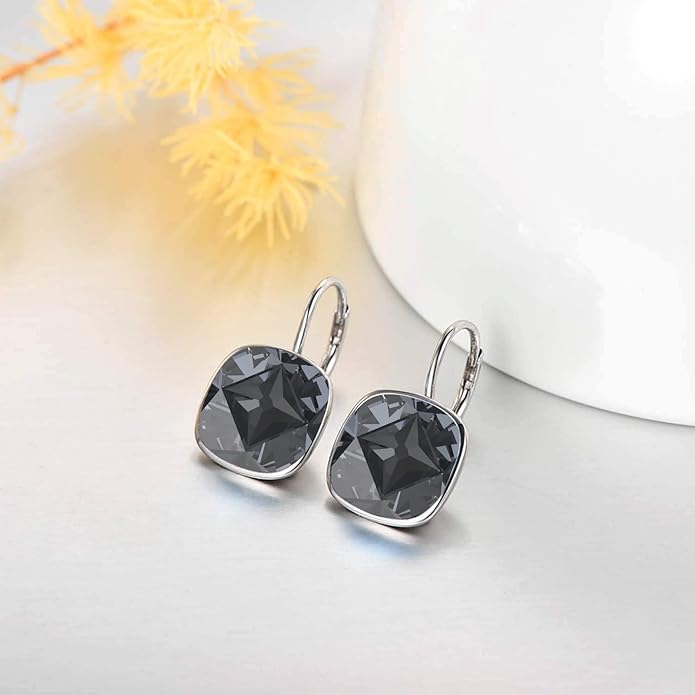 AOBOCO Sterling Silver Leverback Earrings Embellished with Crystals from Austria, Hypoallergenic Cushion Cut Square Crystal Earrings, Fine Anniversary Birthday Jewelry Gifts for Women