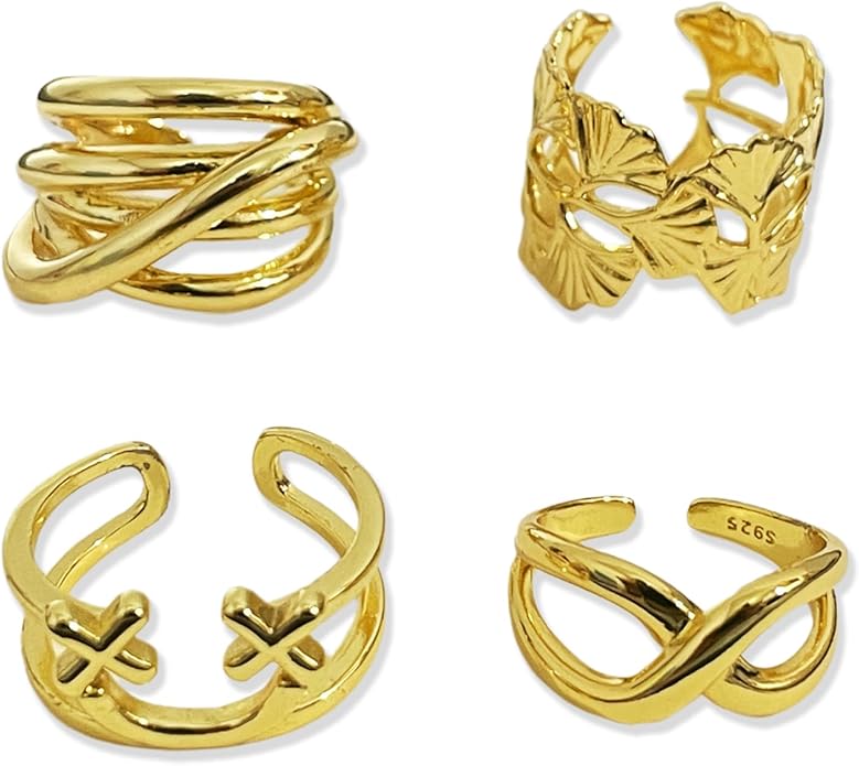 18K Gold Plated Rings for Women and Teen Girls Non Tarnish Cubic Zirconia Fidget Ring Butterfly/Snake/Mesh/Cross/Crown Knuckle Ring Open Adjustable Statement Stacking Chunky Rings