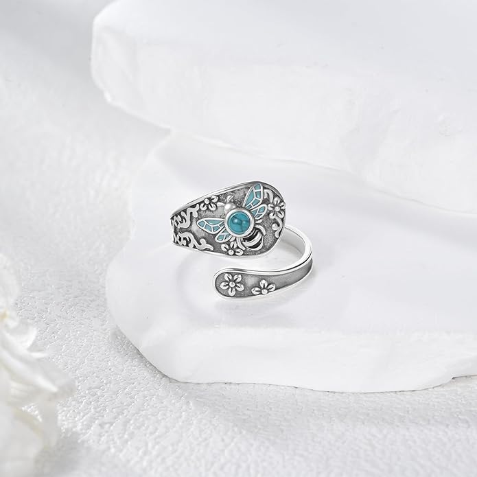 VONALA Vintage Sterling Silver Honeybee Spoon Ring with Crushed Turquoise, Symbolic Women's Jewelry, Meaningful Gift for Her, Mother's Day, Anniversary, Self-Love, Adjustable Size 6–8
