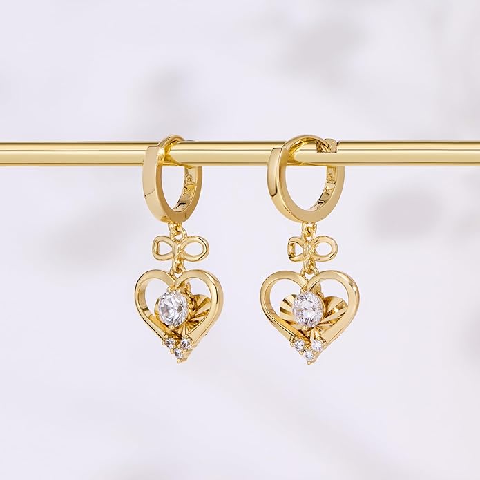14K Gold Hoop Earrings for Women, 8mm Inner Diameter Huggie Hoops with Heart & Bow CZ Drop, Cubic Zirconia Elegant Dangle Earring, Hypoallergenic Dainty Jewelry, Aretes De Oro Para Mujer 14k