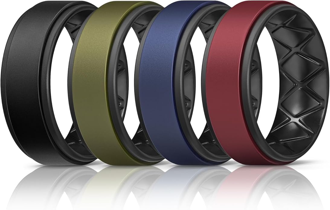 Egnaro Silicone Rings for Men 1/4/5/6/7 Multipack of Breathable Mens Silicone Rubber Wedding Rings Bands - Step Edge