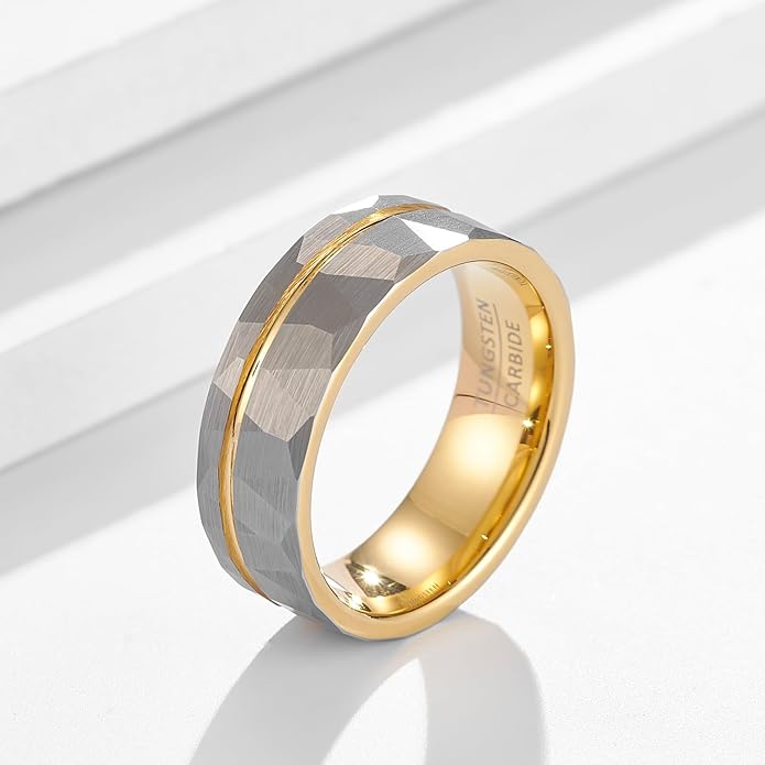 | Faceted Borderline Band - 8mm Wide Textured Grey Tungsten Ring for Men & Women