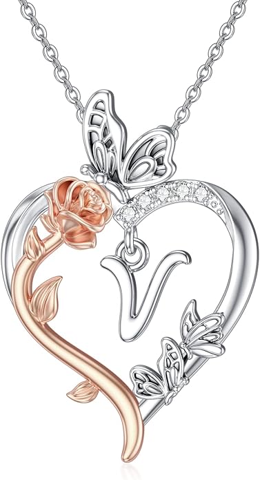 TOUPOP Rose Heart Necklaces Gifts for Women 925 Sterling Silver Butterfly Heart Initial Necklace Anniversary Valentines Day Birthday Jewelry Gifts for Mom Her Wife Girlfriend Daughter