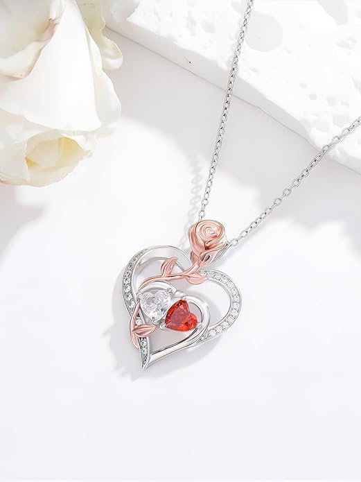 Rose Flower Heart Pendant for Women Birthday Gifts 18k Gold Plated Mother Daughter Necklace with 12 Months Birthstone Christmas Valentines Day Gifts for Her Mom Anniversarry Jewelry for Mom Wife Girlfriend