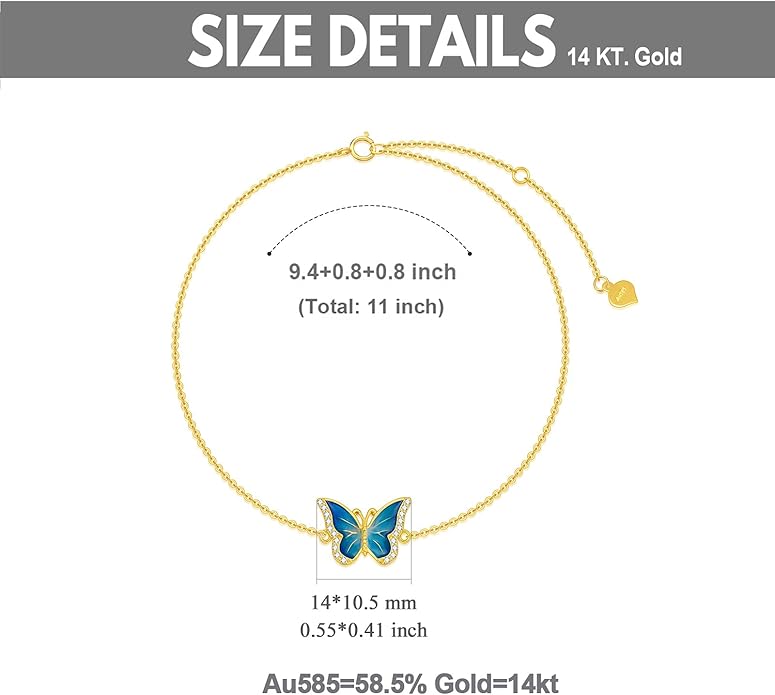 SISGEM 14k Gold Diamond Blue Butterfly Anklet for Women, 14 Karat Gold Ankle Bracelet Jewelry Gifts for Her (0.12 ct, 9.4-11 Inch)