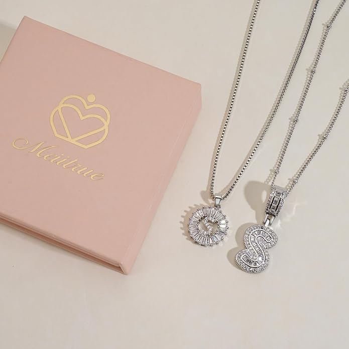 Initial Letter Necklace for Women 14k White Gold Silver Plated Dainty Necklaces Trendy Chunky Custom Layered Necklace Set Personalized Round Circle Zirconia A-Z Letter Chain Pendant Jewelry Gift