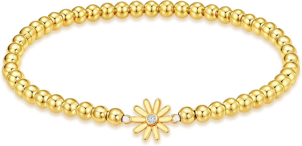 HZDK Gold Bracelets for Women - 14K Gold Plated Beaded Bracelets for Women Gold Jewelry Stackable Charm Bracelet Dainty Stretch Bead Bracelet Christmas Gifts for Her