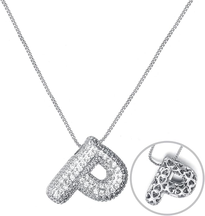 RWQIAN Letter Necklace for Women Bubble, Chunky Initial Alphabet A-Z Pendant Puffy Name Personalized Necklace Dainty Zircon CZ Fashion Jewelry Gifts for Girls Girlfriend