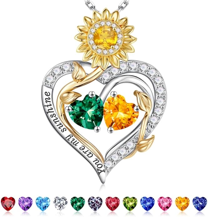 Iefil Valentines Day Gifts for Her - 925 Sterling Silver Sunflower Double Birthstone Necklace for Women, Anniversary Birthday Gifts for Wife, You Are My Sunshine Necklaces, Jewelry for Wife Mom