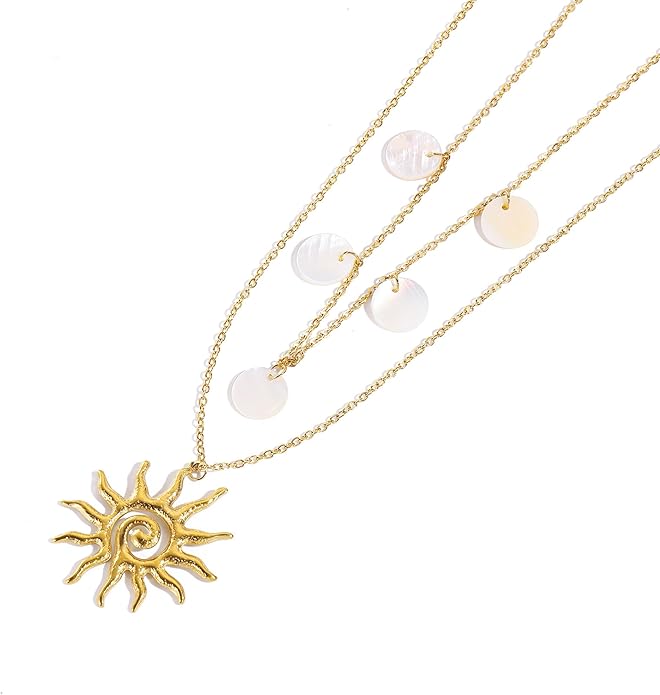 Gold Necklace for Women, Dainty 14K Gold Plated Layered Sun Pendant Necklace Gold Charm Chocker Jewelry Gift for Her