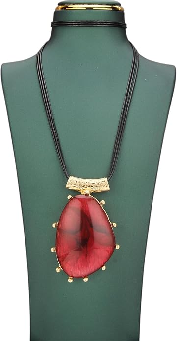 GelConnie Leather Necklace for Women Large Pendant Long Brown Necklace Circle Leather Choker Vintage Sweater Necklace Gold Chunky Boho Necklaces for Women