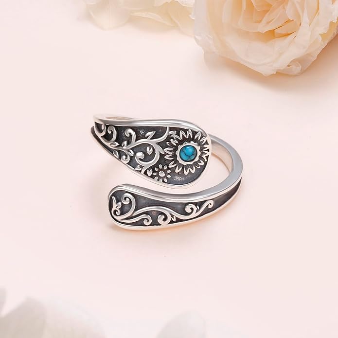 FLYOW Sterling Silver Sunflower Spoon Ring Victorian Style Boho Antique Flower Adjustable Open Ring Retro Statement Cubic Zirconial/Turquoise/Oxidized Thumb Rings for Women Birthday Christmas Jewelry