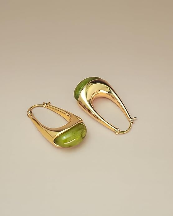 Long Oval Chunky Dangle 18K gold plated Hoops with Colored Resin Gemstone Statement Earrings for Women by SNGIA, (Green, Brown, Blue, Pink, White, Cream), Bold Drop Handmade Exaggerated Irregular Trendy Bohemian Jewelry Gifts, Unique Dangling Teardrop ...