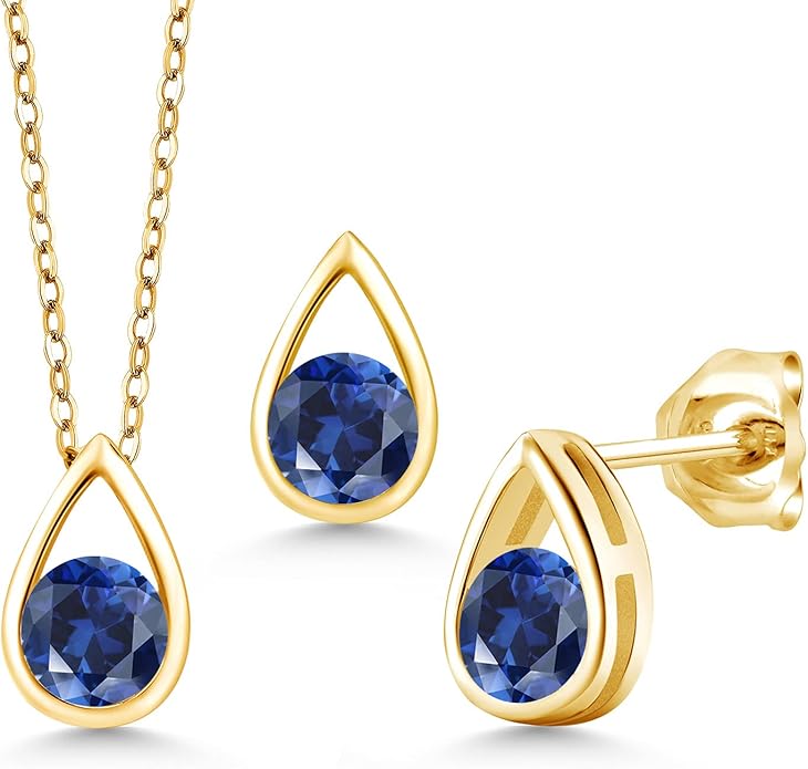 Gem Stone King 18K Yellow Gold Plated Silver 5MM Round Gemstone Birthstone Teardrop Pendant Earrings Set | Jewelry Set for Women | With 18 Inch Chain