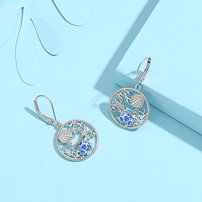 Turtle Earrings for Women S925 Sterling Silver Hawaii Blue Opal Sea Starfish Dangle Earring Tortoise Drop Animal Statement Ocean Summer Beach Vacation Jewelry Mothers Day Christmas Gift