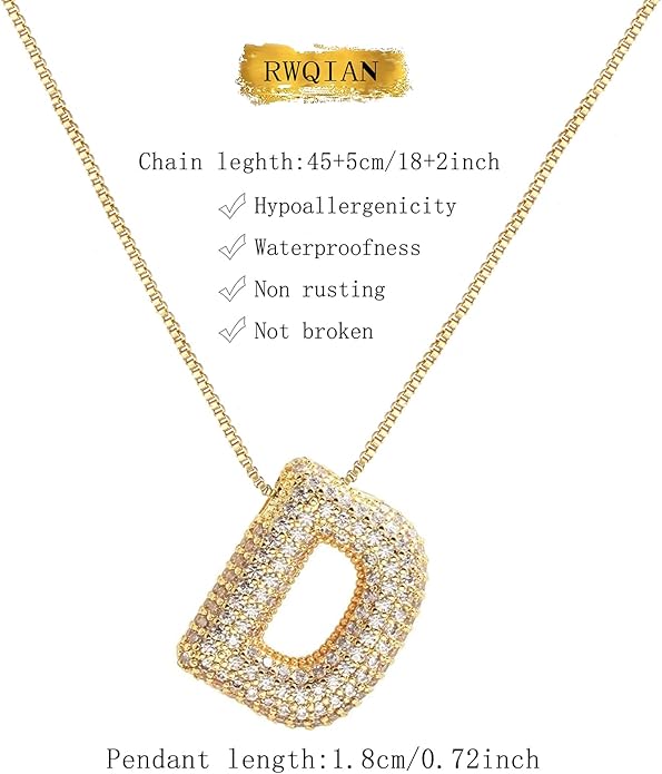 RWQIAN Letter Necklace for Women Bubble, Chunky Initial Alphabet A-Z Pendant Puffy Name Personalized Necklace Dainty Zircon CZ Fashion Jewelry Gifts for Girls Girlfriend