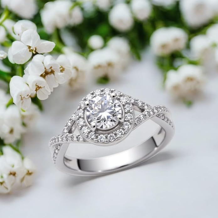1.22 Carat (ctw) Round-Cut Halo Lab-Grown Sapphire/Lab-Grown Diamond/Moissanite Twisted Wedding Engagement Ring for Women 925 Sterling Silver/10K/14K/18K Real Gold Engagement Rings Jewelry(D Color, VVS Clarity), Size 3-14