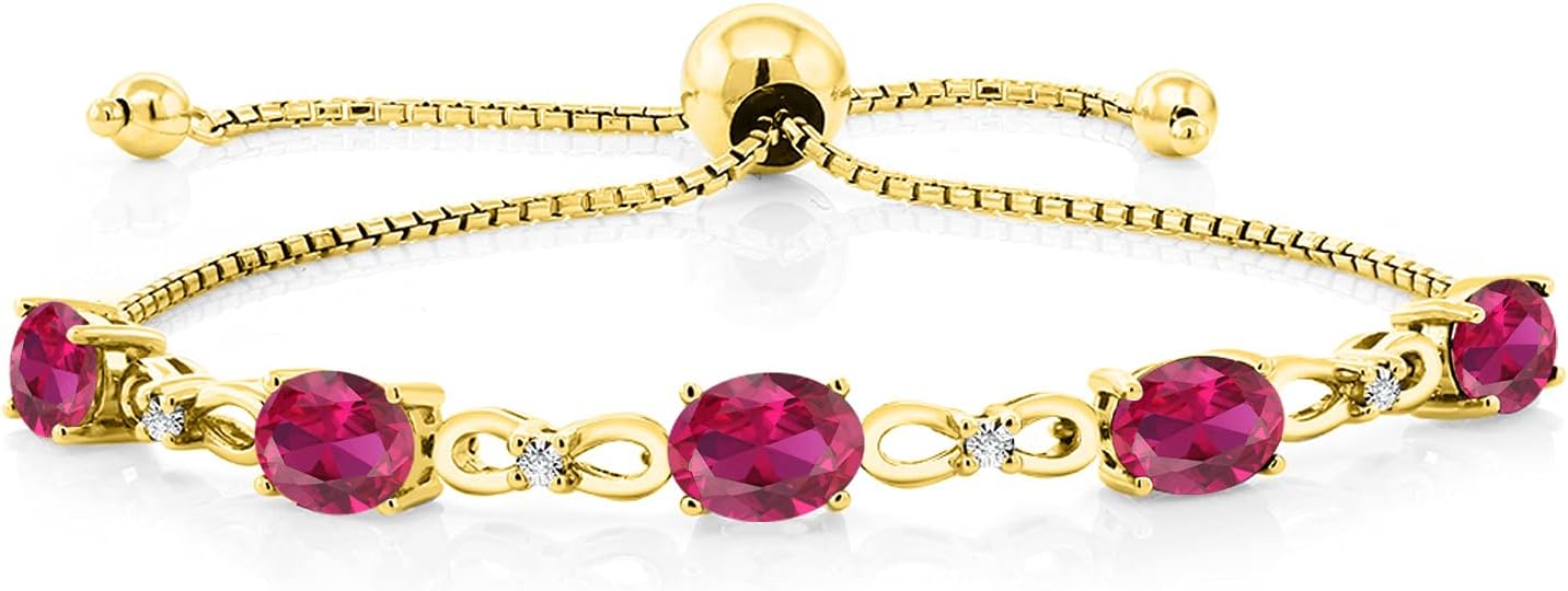 Gem Stone King 7X5MM Oval Cut Gemstone Birthstone and Accent Lab Grown Diamond Tennis Bracelet For Women In 18K Yellow Gold Plated Silver | Adjustable Bolo Bracelet For Women | Easy-On Easy-Off