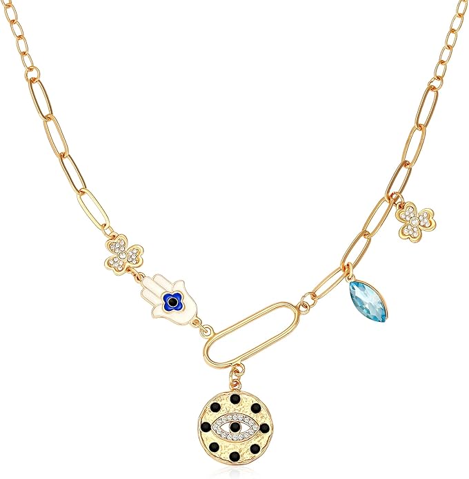 MISS RIGHT Dainty Gold Evil Eye Hamsa Hand Coin Lucky Charm Pendant Necklace for Women Trendy Vintage Paperclip Chain Sun Moon Clover Flower Chunky Charm Necklace Jewelry Gifts