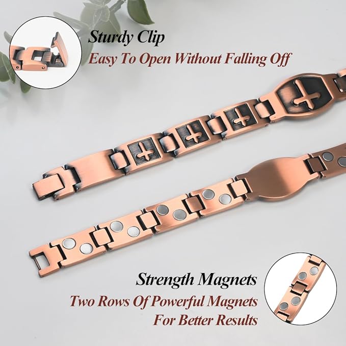 Vicmag 2PCS Men Copper Magnetic Bracelets for Couple Double Row 99.9% Solid Pure Copper Cross Bracelet Gift with Adjustment Tool