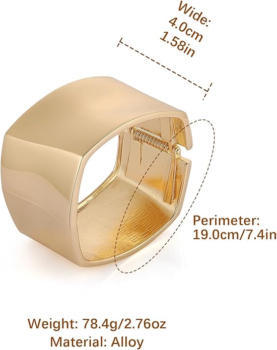 HZMAN 18K Gold Plated Wide Cuff Bracelet for Women - Premium Alloy Shiny Polished Double Layer Statement Bangle, Trendy Daily Wear Party Jewelry Accessory